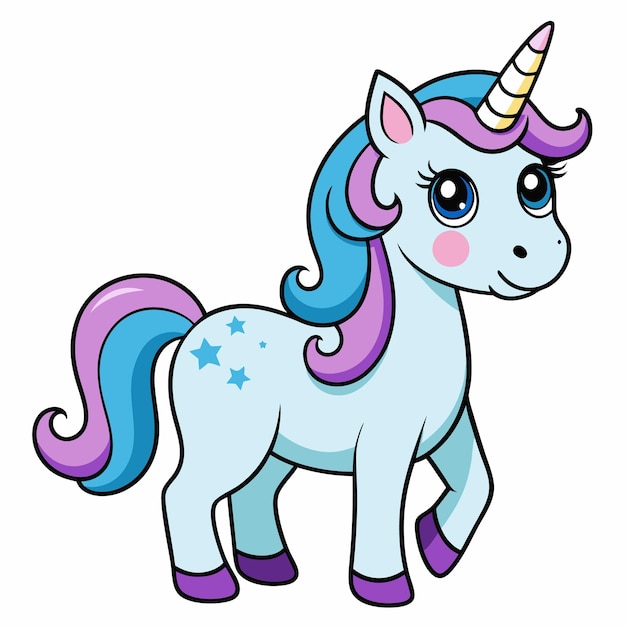 Vector a cartoon drawing of a blue unicorn with a blue mane and tail