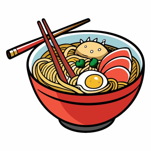 Vector a cartoon drawing of a bowl of food with a fried egg and chopsticks