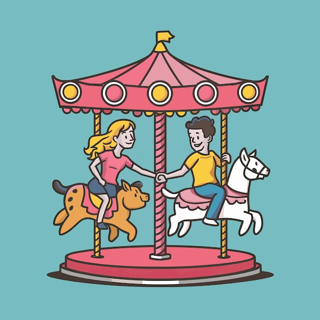 a cartoon drawing of a boy and a girl riding a carousel with a dog and a pony