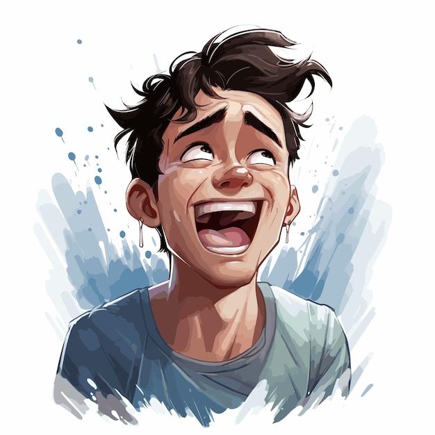 a cartoon drawing of a boy laughing with a blue shirt on it