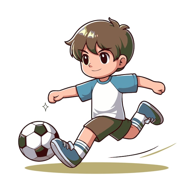 Vector a cartoon drawing of a boy playing soccer with a soccer ball