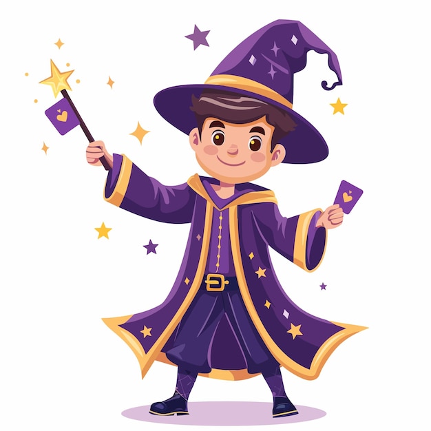 Vector a cartoon drawing of a boy in a purple wizard costume