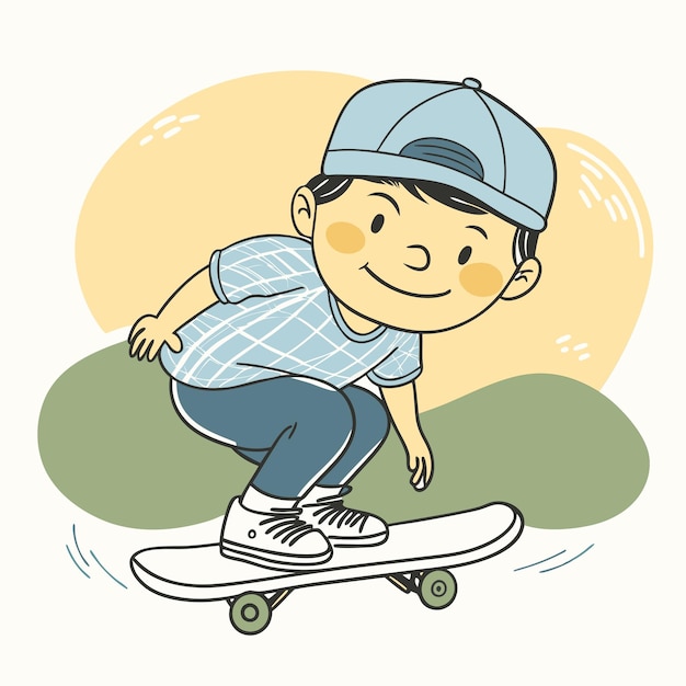 Vector a cartoon drawing of a boy on a skateboard with a hat on