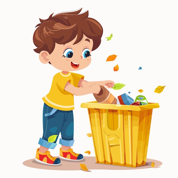 a cartoon drawing of a boy throwing garbage in a bin with a toy and a trash can