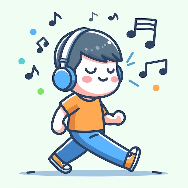 a cartoon drawing of a boy wearing headphones and a blue background with a man running