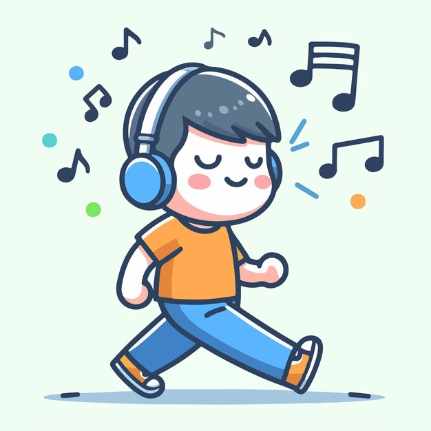 Vector a cartoon drawing of a boy wearing headphones and a blue background with a man running