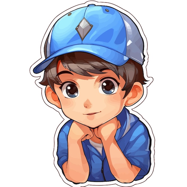 a cartoon drawing of a boy with a blue cap and his hands on his chin.