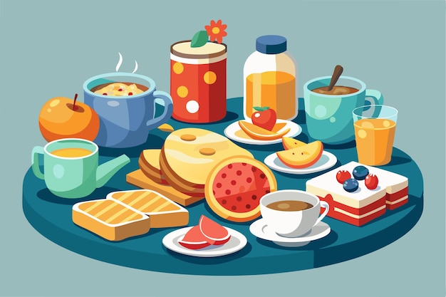 Vector a cartoon drawing of breakfast on a table with food and drinks