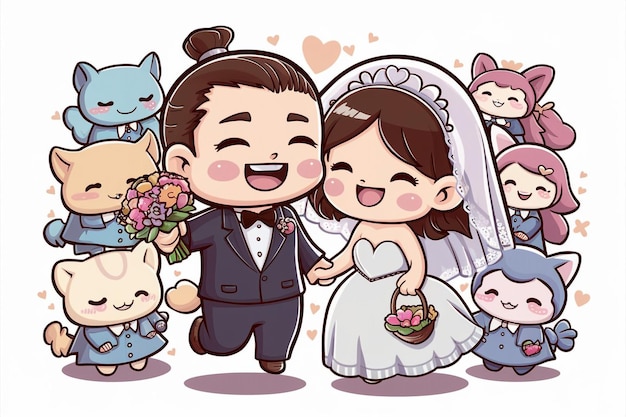 a cartoon drawing of a bride and groom with a bride and groom and bride and groom