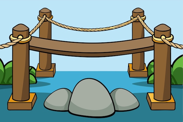 Vector a cartoon drawing of a bridge with rocks and a rope