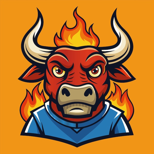 Vector a cartoon drawing of a bull with horns and a blue shirt with the words bull