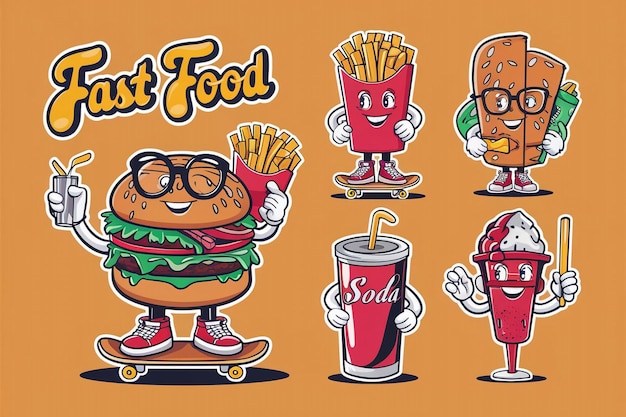 a cartoon drawing of a burger and fries with the words first food on it