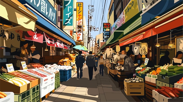 Vector a cartoon drawing of a busy street with a sign that says  tokyo