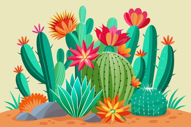 a cartoon drawing of cactus and flowers with a yellow background