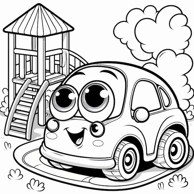 Vector a cartoon drawing of a car with a car with a fence and a wooden structure