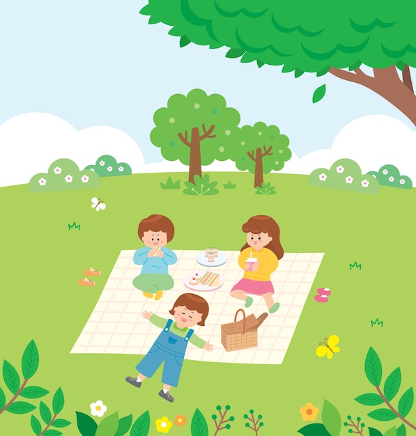 A cartoon drawing of children having a picnic in a park.