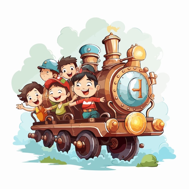 Vector a cartoon drawing of children riding a train with the number 3 on the front