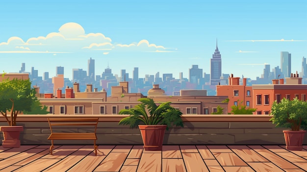 a cartoon drawing of a city with a bench and a potted plant