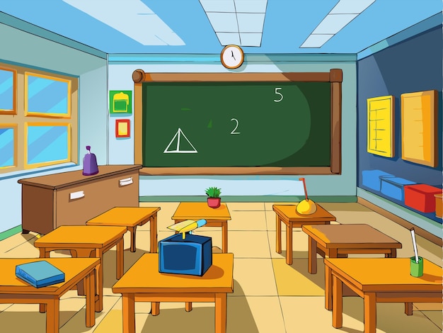 Vector a cartoon drawing of a classroom with a green chalkboard with a clock on it