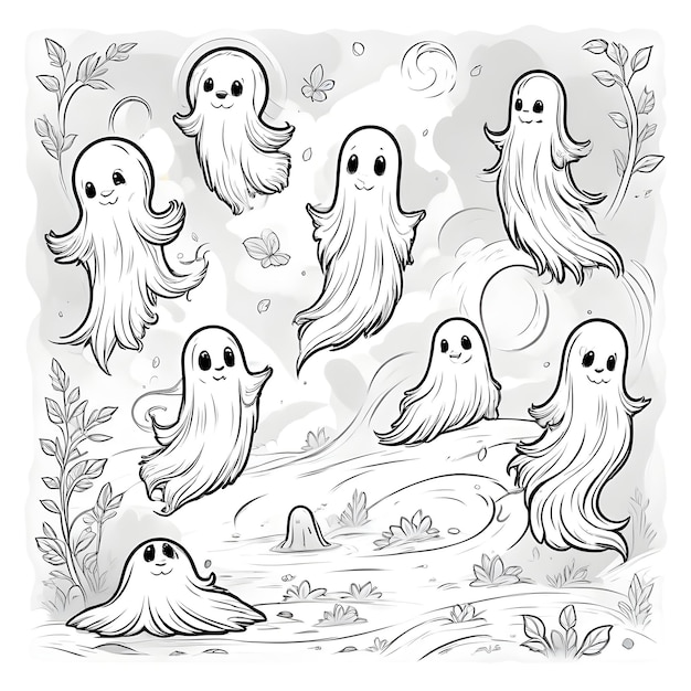 Vector a cartoon drawing coloring page of several playful ghost floating arround