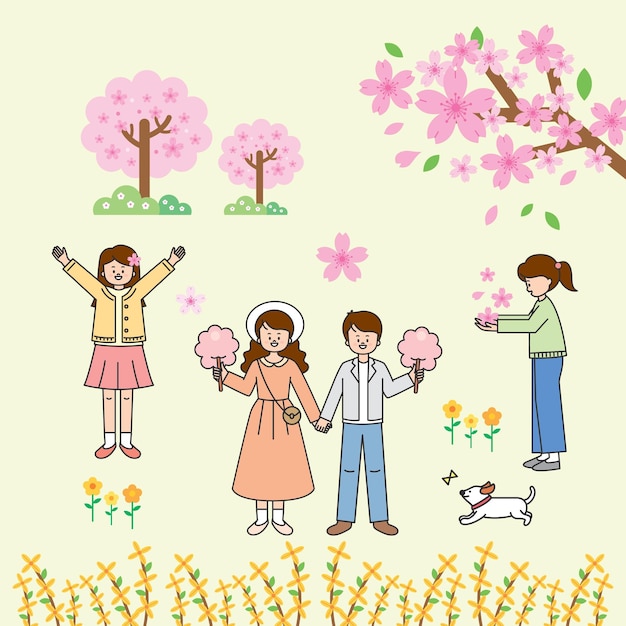 A cartoon drawing of a couple holding flowers and a dog.