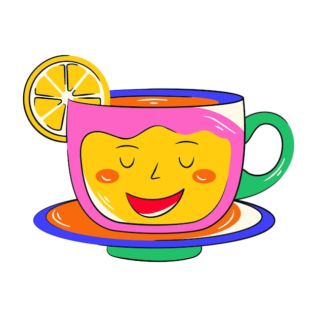 A cartoon drawing of a cup of tea with a lemon on the top.