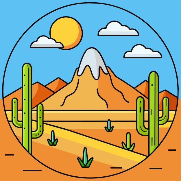 a cartoon drawing of a desert with cactus and mountains in the background