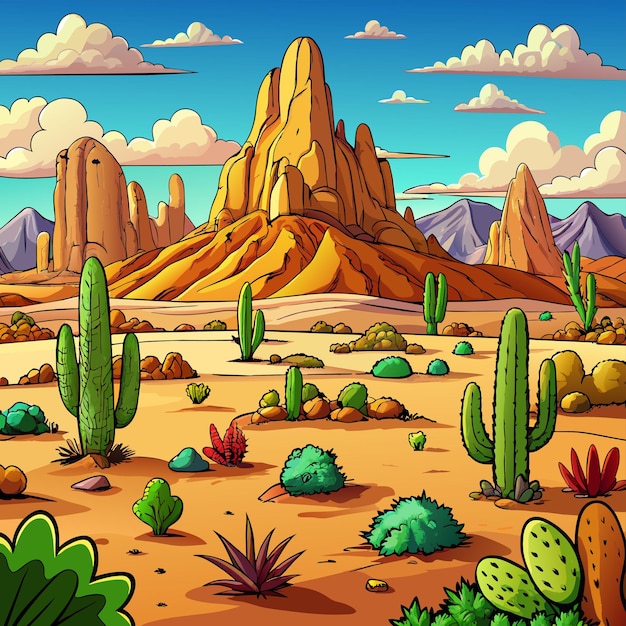 a cartoon drawing of a desert with many different kinds of cactus