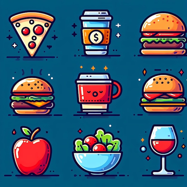 Vector a cartoon drawing of different types of burgers and a glass of wine