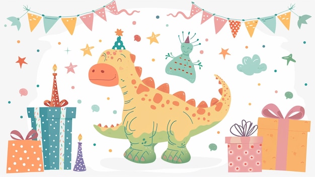 a cartoon drawing of a dinosaur with a party hat on it