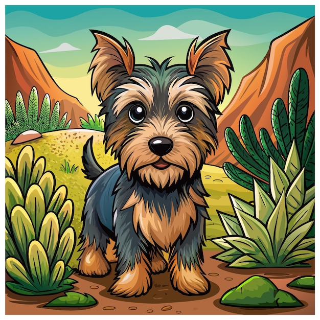 Vector a cartoon drawing of a dog with a mountain in the background