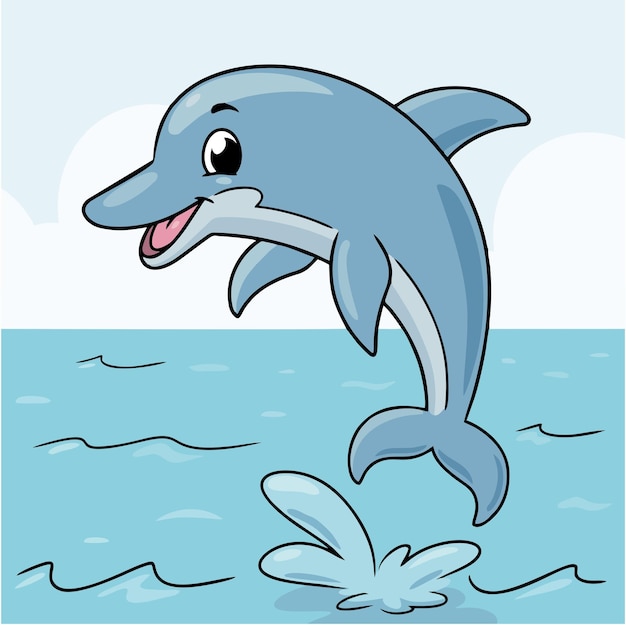 A cartoon drawing of a dolphin jumping in the water.