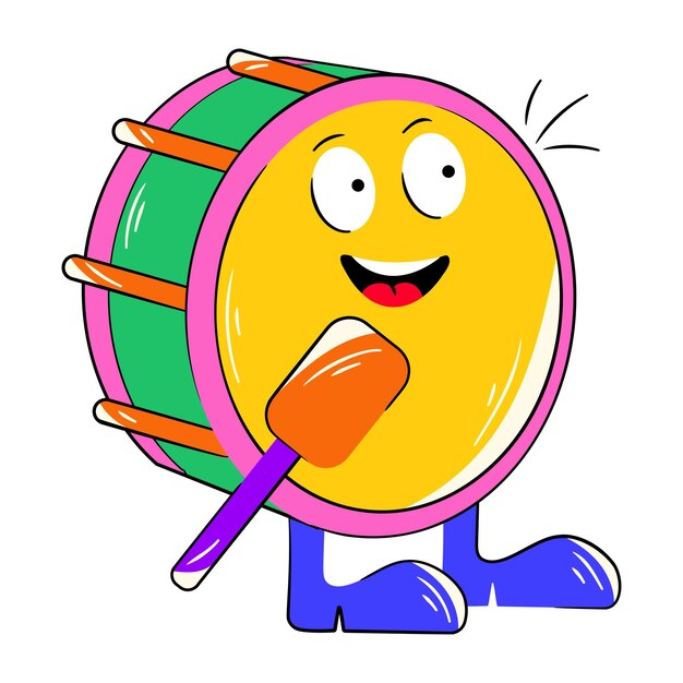 Vector cartoon drawing of a drum with a funny face and a stick in the mouth.