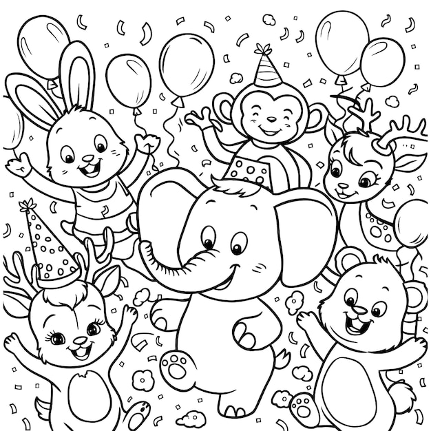 a cartoon drawing of elephants and a monkey with balloons