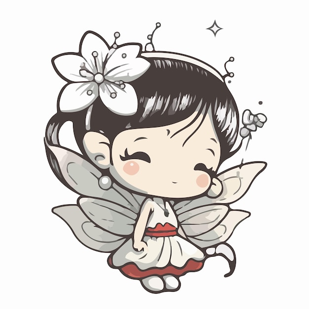 A cartoon drawing of a fairy with wings and flowers.