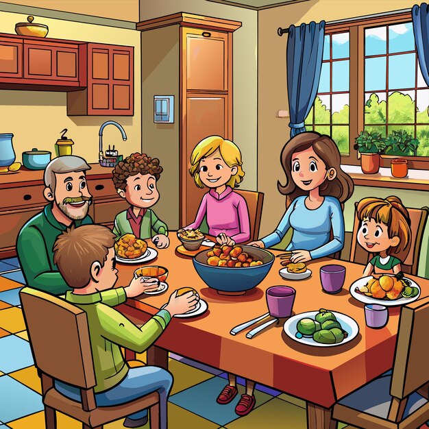 Vector a cartoon drawing of a family eating food at a table