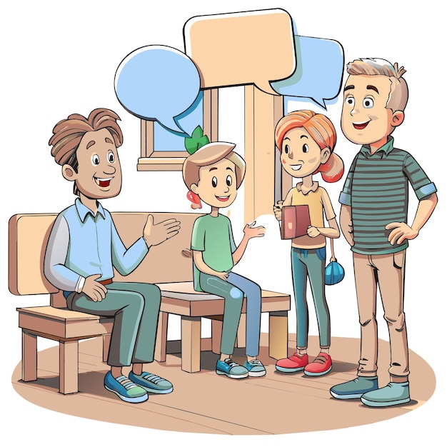 Vector a cartoon drawing of a family talking to a man and a boy with a book in his hand