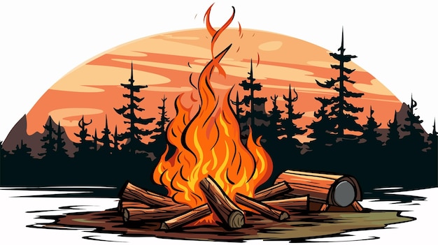 a cartoon drawing of a fire with a picture of a forest in the background