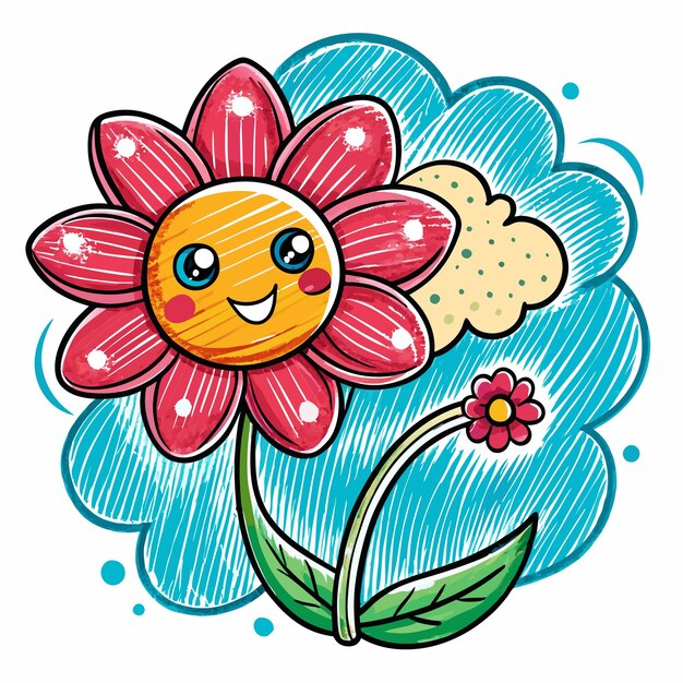 Vector a cartoon drawing of a flower with a smiling face with a small flower bud on the stem and a yellow cloud behind it