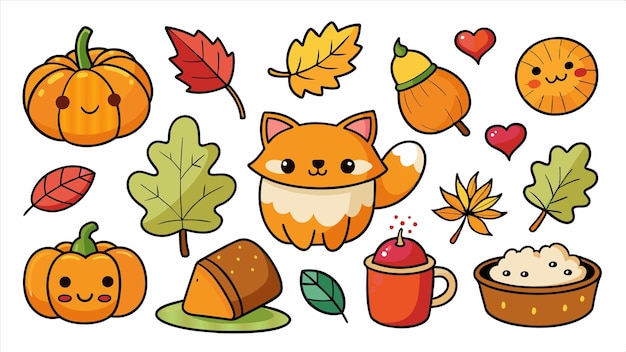 Vector a cartoon drawing of a fox with autumn leaves and a cat