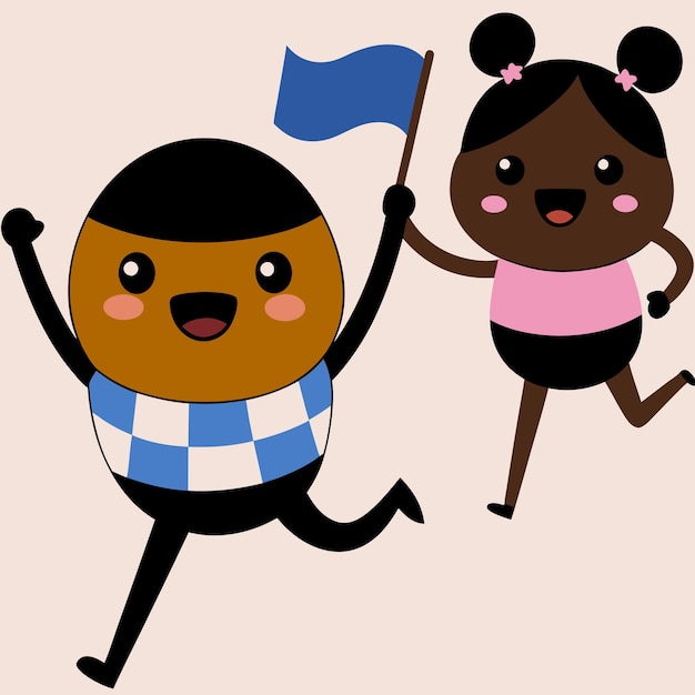 Vector a cartoon drawing of a girl and a boy with a flag