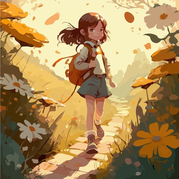 A cartoon drawing of a girl walking down a path with flowers on it.