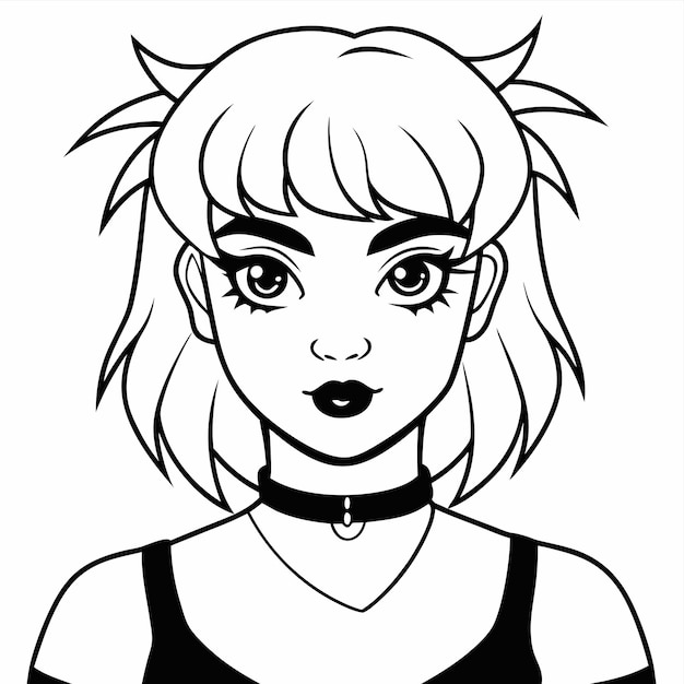 a cartoon drawing of a girl wearing a black and white shirt