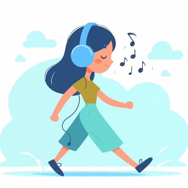 a cartoon drawing of a girl with headphones and a blue background