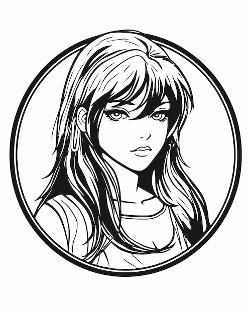 A cartoon drawing of a girl with long hair and a black and white outline.