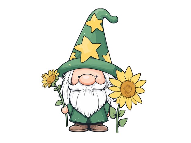 a cartoon drawing of a gnome with a flower in his hand