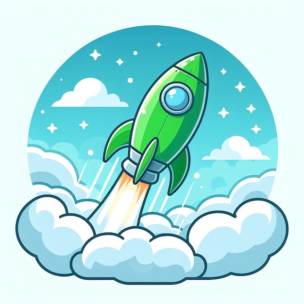 a cartoon drawing of a green rocket flying through the sky