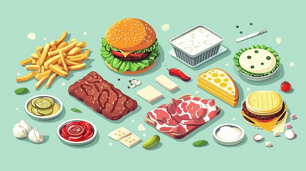 a cartoon drawing of a hamburger and some food