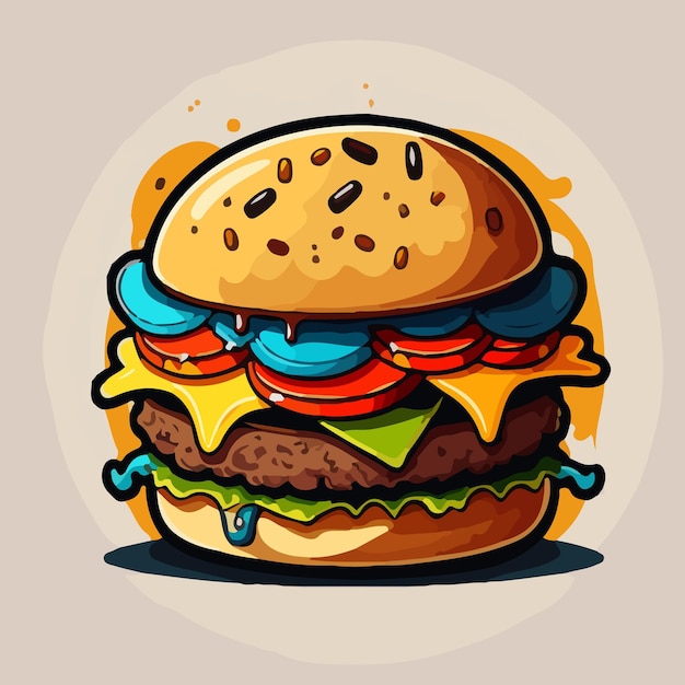 A cartoon drawing of a hamburger with a tomato and cheese topping.