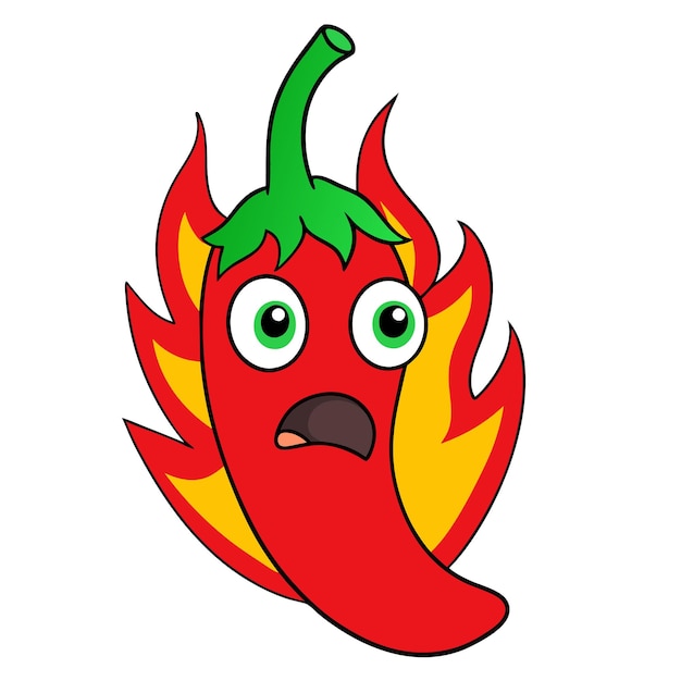 Vector a cartoon drawing of a hot chili pepper with a green and yellow flames